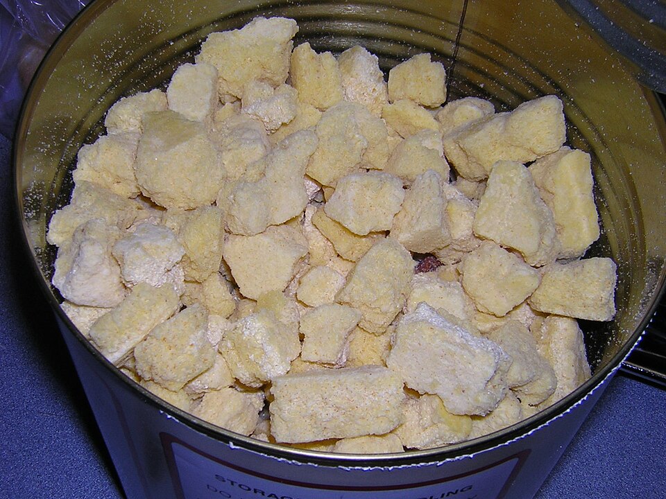An open can of freeze-dried scrambled egg pieces, for storm prep in Panama City, FL