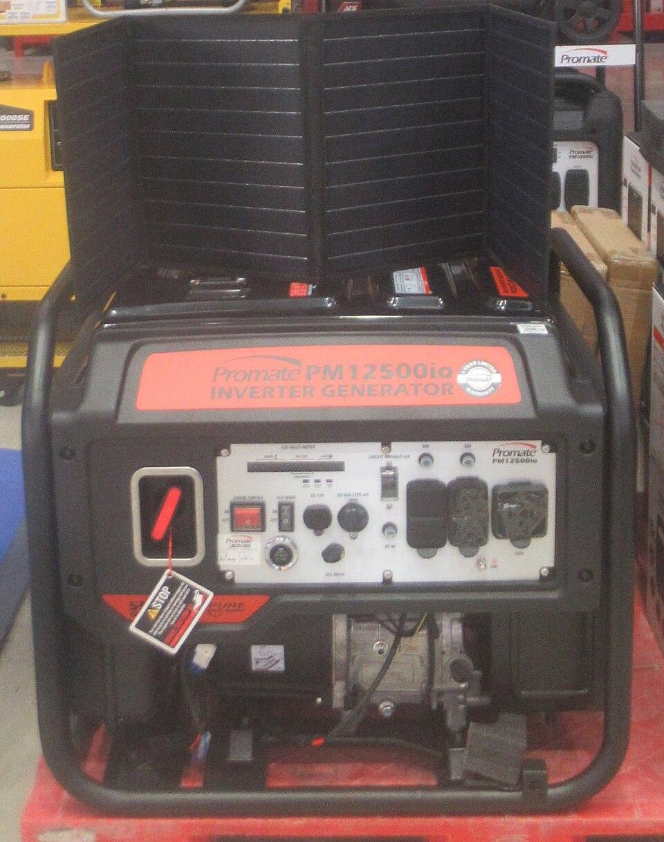 A red and black open-frame gasoline inverter generator inside a black tube frame, for storm prep in Panama City, FL
